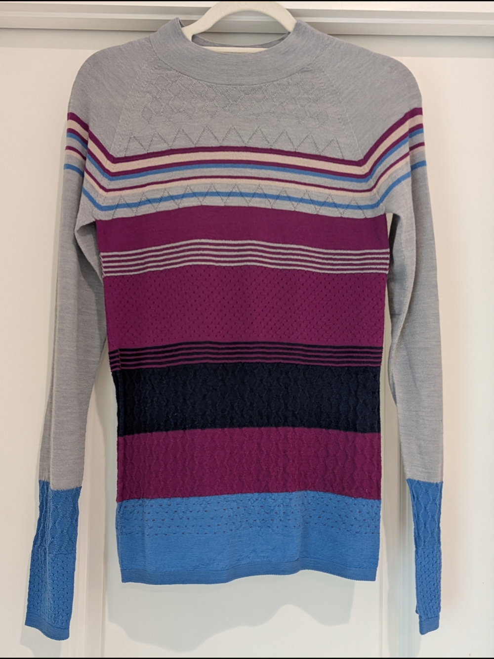 Sweaty Betty Gray, Magenta & Blue Striped Turtleneck Sweater